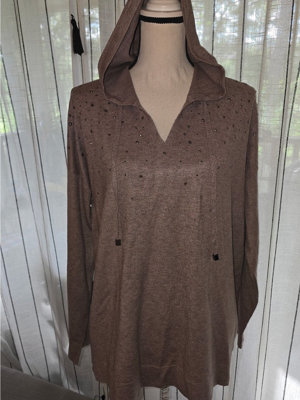 Chico's Brown Taupe Hooded V-Neck Sweater with Stud Detail